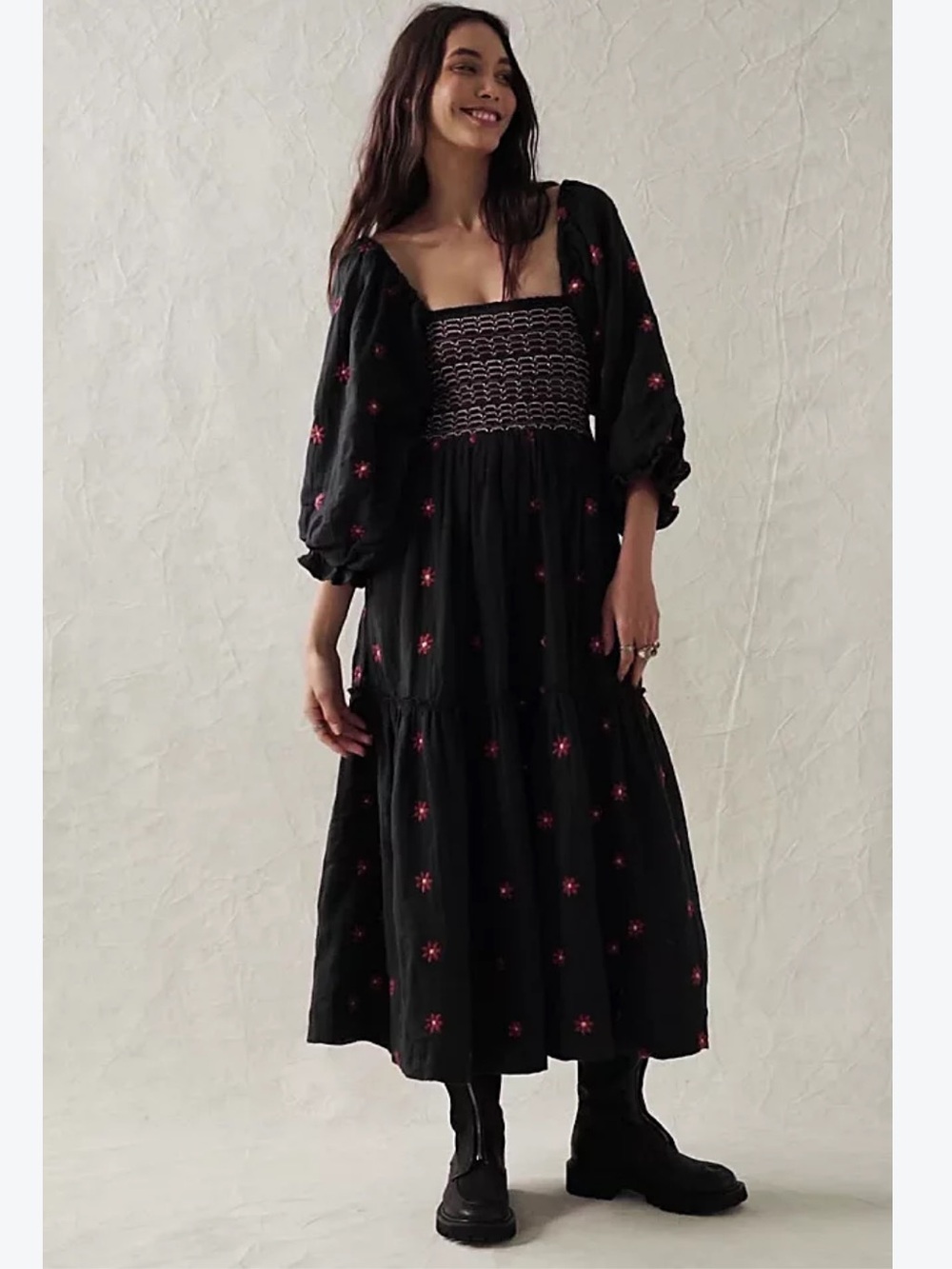Free People Dahlia Embroidered Maxi Dress Black Rust Floral Smocked Size S